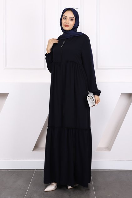 Navy Blue Sleeve Elastic Frilly Ferace