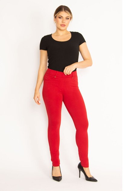 Women's Large Size Red Leggings with Front Decoration and Back Pockets 65n34534