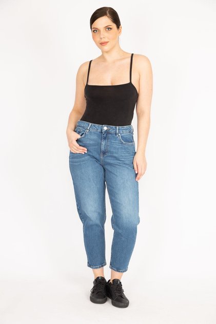 Women's Blue Large Size Washing Effect High Waist Jeans 65n36220