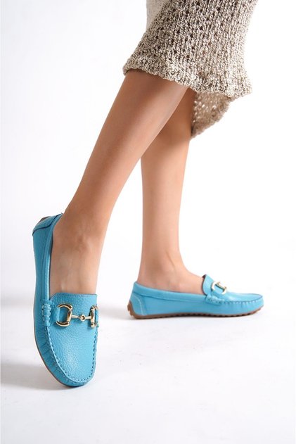Genuine Leather 203-m Oval Toe Buckle Detail Women's Blue Ballerina & Loafer Shoes