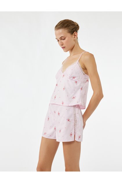 Floral Satin Shorts with Lace Detail Pajama Bottoms