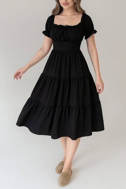 Black Square/Madonna Collar Elastic Linda Ayrobin Midi Dress - Comfortable, Stylish and Casual Summer Model
