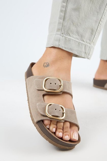 Jazmin Women's Genuine Leather Double Buckle Mink Slippers
