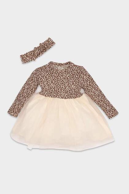 Kız Bebek 2'li Takım Leopar Desenli Uzun Kollu Fitilli Kaşkorse Elbise Saç Bantlı D7422A524WN
