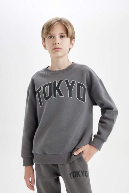 Boy's Anthracite Oversize Wide Fit Crew Neck Thick School Sweatshirt D1643A824Au