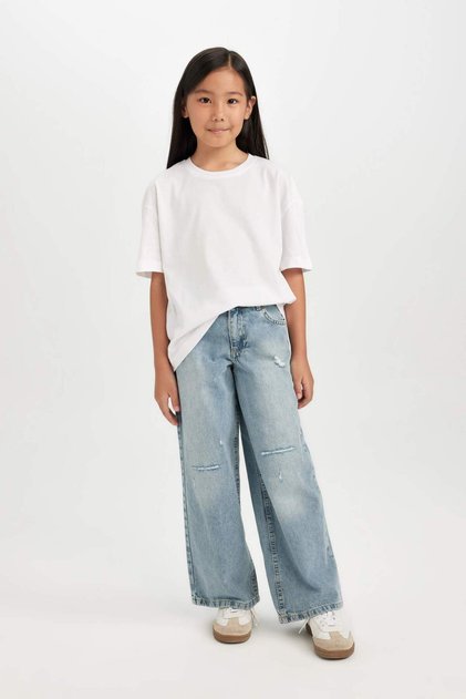 Girl's Wide Leg Jean Pants Ripped Detailed Wide Loose Leg with Pockets D3371A824Wn