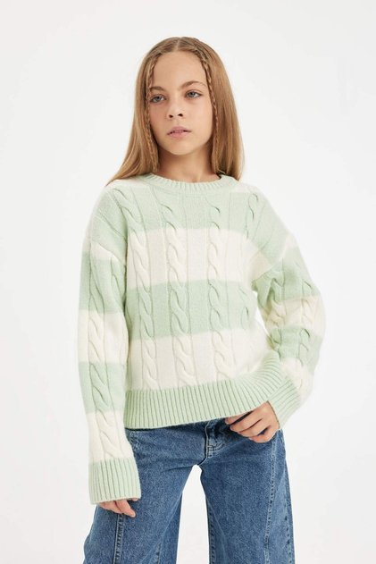 Girls' Striped Crew Neck Hair Braided Sweater Sweater B1925A824Au