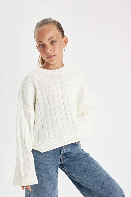 Kız Çocuk Oversize Geniş Kalıp Bisiklet Yaka Basic Düz Triko Kazak C6945a824au