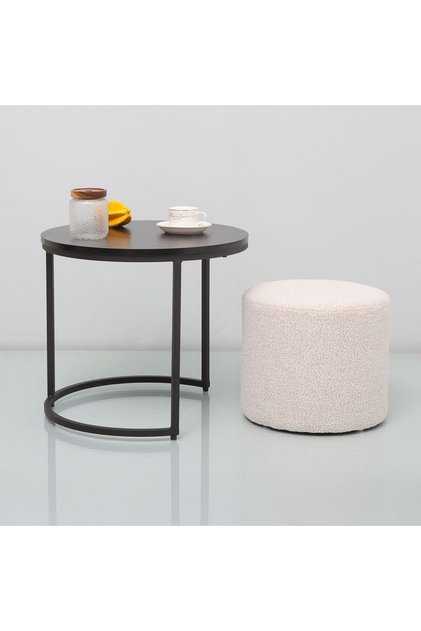 Myro Coffee Table + Stool Set - Black/White - Space-Saving Design, Metal/Wood, 2-Year Warranty