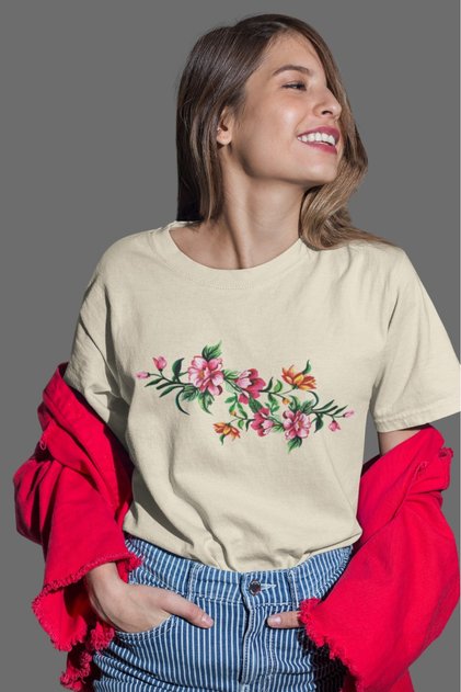 Women's Medium Flower5 Transfer Printed Round Neck Short Sleeve T-Shirt