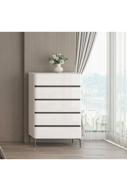 Santelmo 5 Drawer Chest of Drawers - Light Beige Engineered Wood Storage Unit, 80x45x117cm