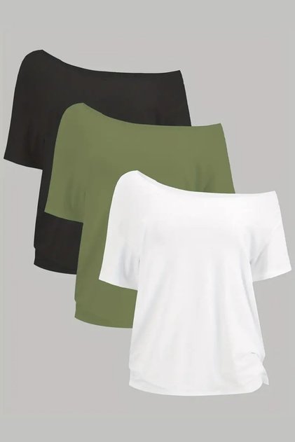 Khaki White Black 3-Pack Women's Off Shoulder Boat Neck Oversize T-Shirt