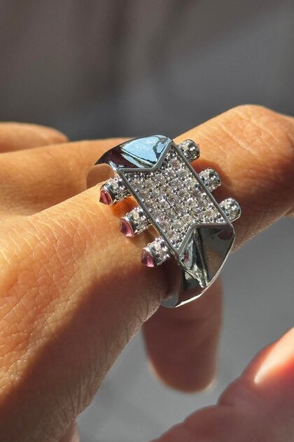 Silver Color Stone Detailed Adjustable Ring