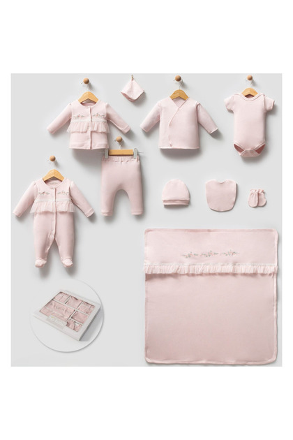Baby Girl Flower Embroidered Tulle 10-Piece Newborn Hospital Exit Zibin Set Boxed