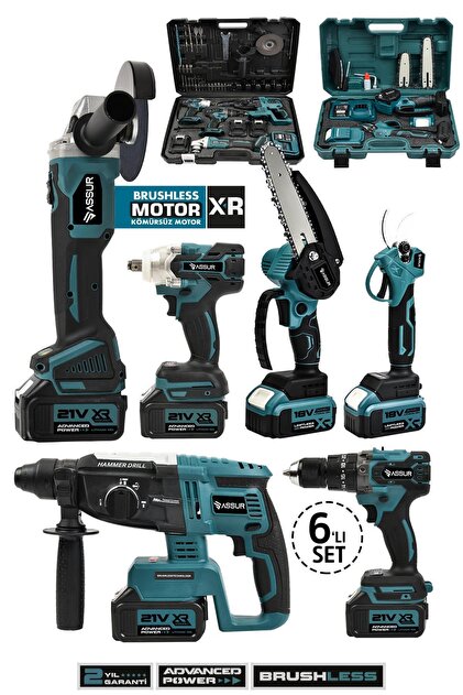 ASR Assur 21V 2.0Ah Kömürsüz Darbeli 6'lı Set Matkap+Hilti+Taşlama