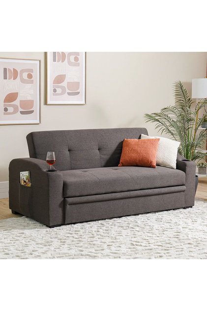 Alejandro 3 Seater Fabric Sofa Bed with Side Sleeves and Cup holders - Dark Brown L189xW92xH90cm