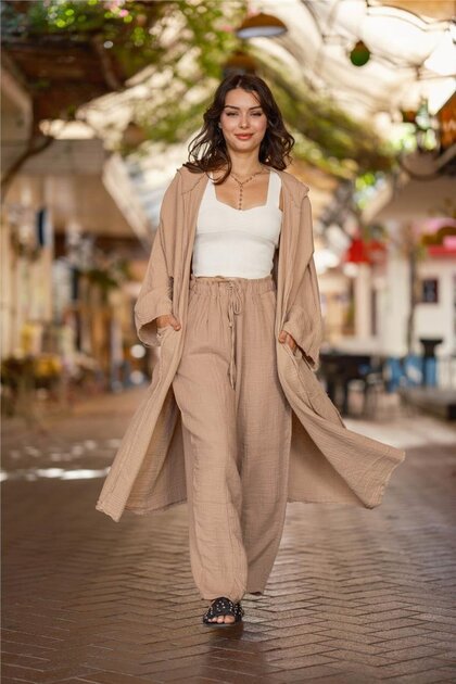 Muslin Earth Color Pants Kimono Set