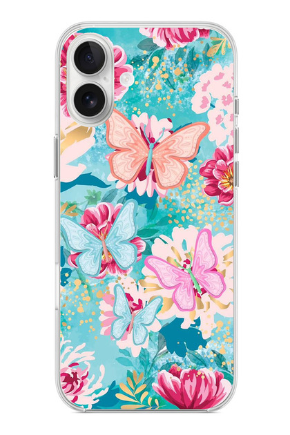 iPhone 16 Plus Compatible Butterflies and Flowers Transparent Silicone Case