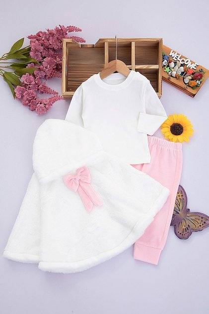 KIZ BEBEK PELUŞ BOLEROLU 3-6 / 6-9 AY 3'lü ŞIK TAKIM, PELERİNLİ TAKIM