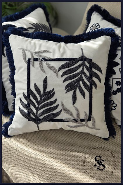 Beauty Flowers Punch Embroidered Patterned Linen Cushion Cover