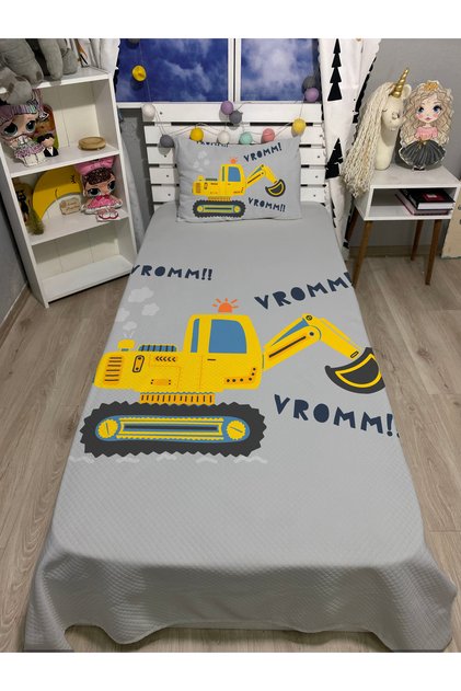 Big Digger Construction Machinery Patterned Single Pique and Pillowcase Bedspread Set