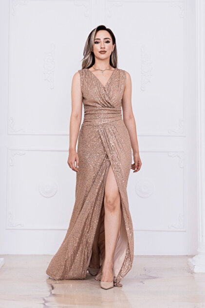 BEYBOS Sequin Fishnet Evening Dress - Gold- Trendyol