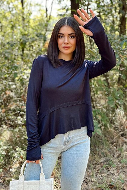 Women's Navy Blue Gloves Detailed, Asymmetric Cut, Crew Neck, Skirt Pleated, Loose Sports Blouse
