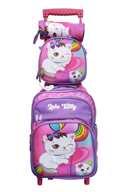 Cartoon Printed Kids School Trolley Backpack Set, 3 Pieces, 16.5 Inch Rolling Bag Lunch Box Pencil C