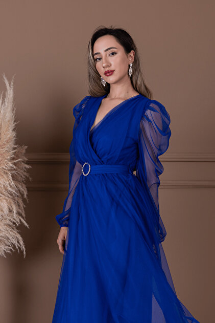BEYBOS Tulle Double-Breasted Collared Maxi Dress - Cobalt Blue- Trendyol