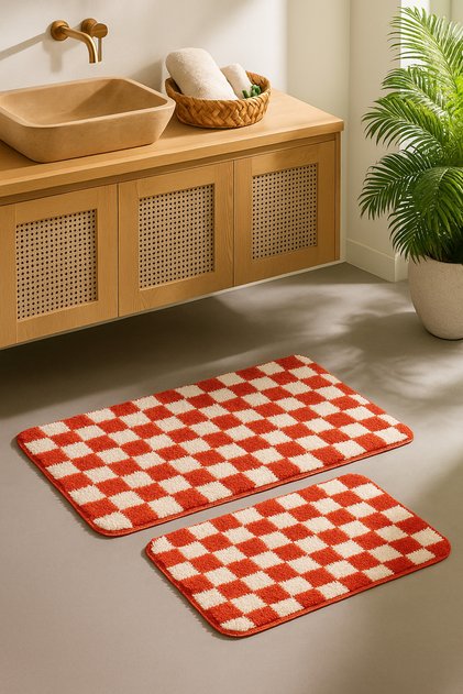Checkerboard Patterned Premium Set of 2 Washable Non-Slip Base 60X100 60X50 Bath Mat