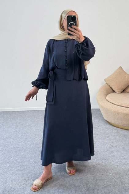 Double Breasted Shirt with Gathered Sleeves Ribbed Belt and Floor-Length Skirt Set 8875 - Navy Blue