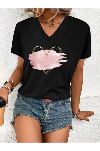 Tricou de damă oversized cu decolteu în V, cu imprimeu inimă roz