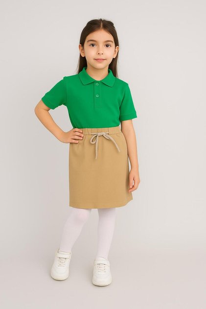Beige Ribbed Shorts Skirt Light Green Short Sleeve Polo Neck