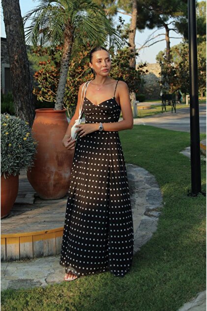 Havo Black Polka Dot Patterned Maxi Slip Dress- Trendyol
