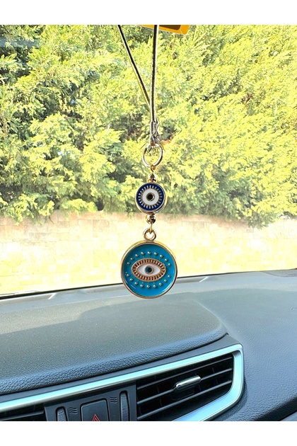 Gilded Blue Metal Round Evil Eye Beaded Car Mirror Ornament Car Charm Evil Eye Protection
