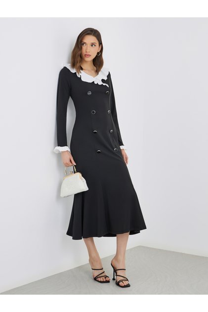 Solid Contrast Ruffle Trim A-Line Midi Dress with Button Detail