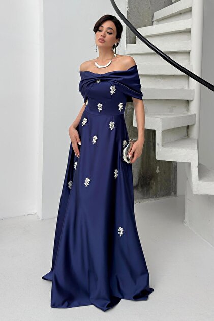 Serica Moda Navy Blue Off Shoulder Strapless Jewel Satin Evening Dress-  Trendyol