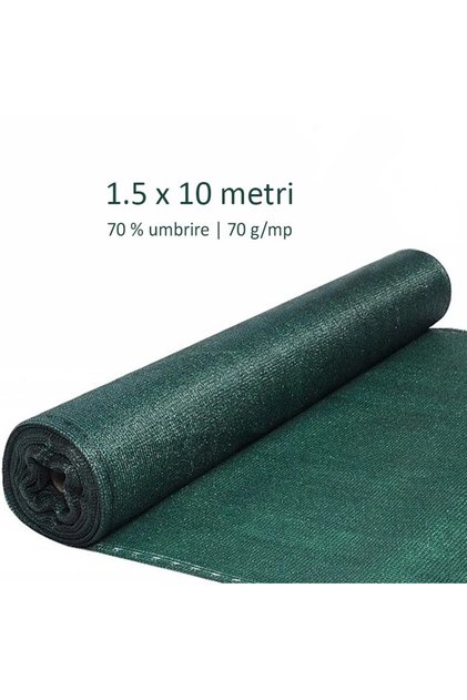 Plasă de umbrire agricolă, 1,5x10 metri, grad de umbrire 70%, densitate polietilenă 70 g/mp