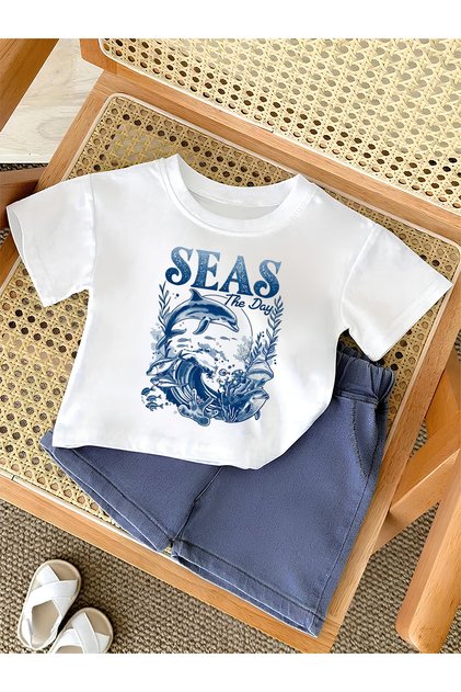 Boys' Seas the Day Printed Combed Cotton 2-Piece Bottom Top Elastic Waist Sulfur Denim Shorts T-Shirt Set