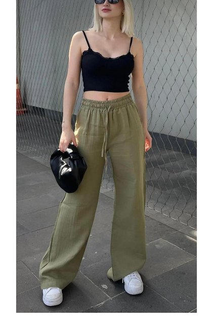 P.L.U.S S.I.Z.E Women's High-Waist Seasonal Linen Comfortable Palazzo Pants with Elastic Waist and Tie