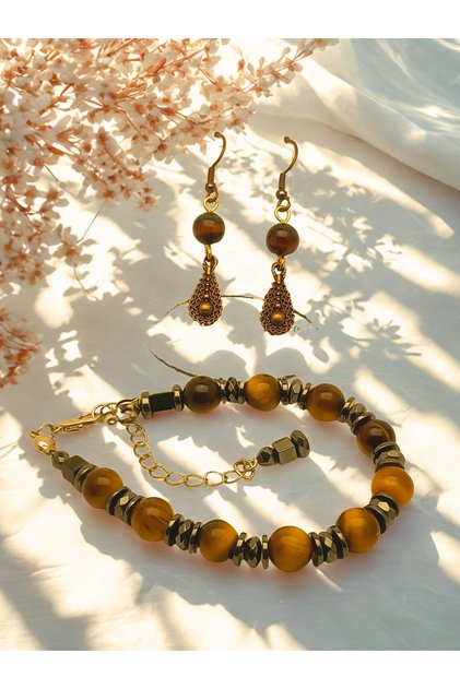 Tiger Eye Natural Stone Jewelry Set - Adjustable Bracelet & Earring Bijoux Set - Energy Set of 2