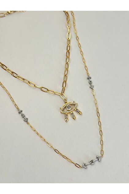 Baguette Stone Eye Double Necklace with Paperclip Chain