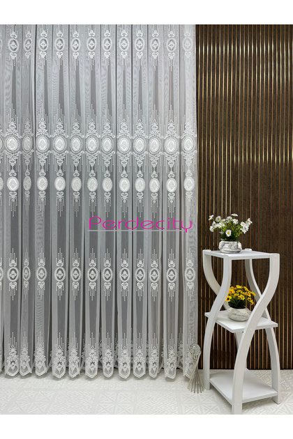 İnci Special Velvet Embroidered Bamboo Floor Tulle Curtain with Velvet Center, 1X3 Fine Pleats, No Ironing Required, 30X28 Size Sample Fabric.