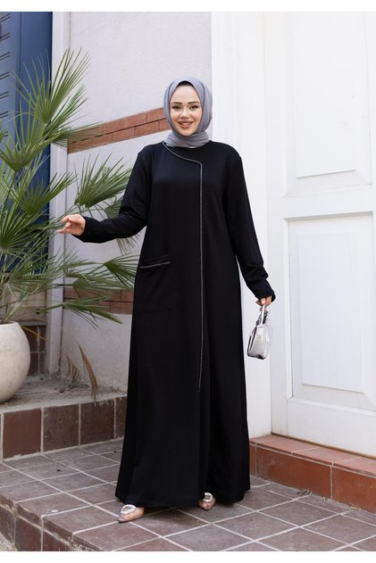 Women's Stone Detailed Pocket Comfortable Fit Black Dress