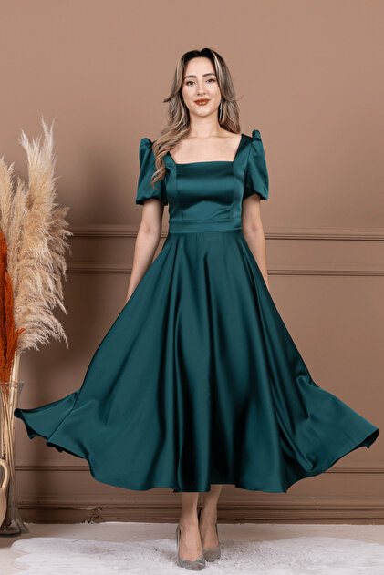 BEYBOS Satin Square Neck Balloon Sleeve Midi Dress - Emerald Green- Trendyol