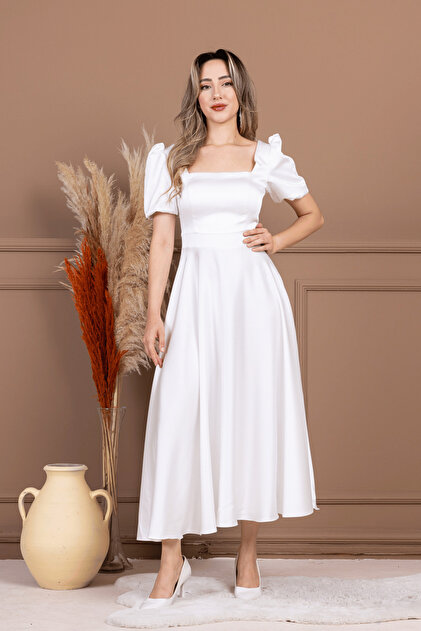 white balloon sleeve midi dress Annette Puff Sleeve Shirred Midi Dress