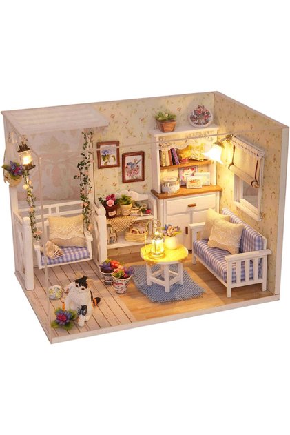 Macheta Casuta gata de Asamblat, in Miniatura, din Lemn "LikeSmart Cat Diary", DiY, Lumini LED, stil