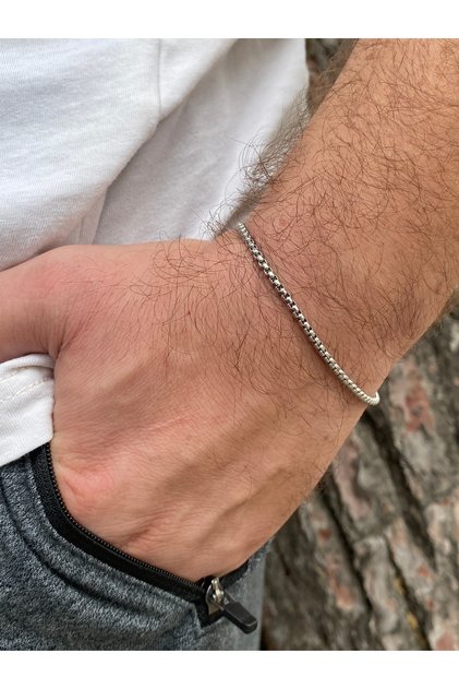 Men's Stainless Steel Chain Bracelet Silver Color Thickness Measure 3 mm
