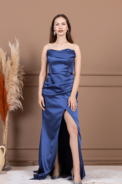 BEYBOS Satin Ruffled Collar Long Evening Dress - Indigo Blue- Trendyol