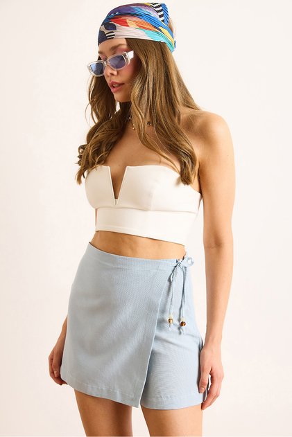 Women's Blue Lace Detailed Mini Linen Shorts Skirt Etk-19000339